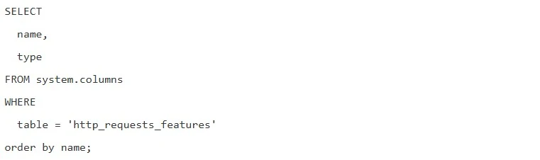 SQL que criou todo o problema no Cloudflare: SELECT
name,
type
FROM system.columns
WHERE
table = 'http_requests_features'
order by name;